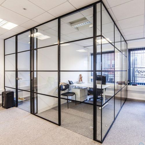 Aluminium and glass office partition with slim frames in Delhi