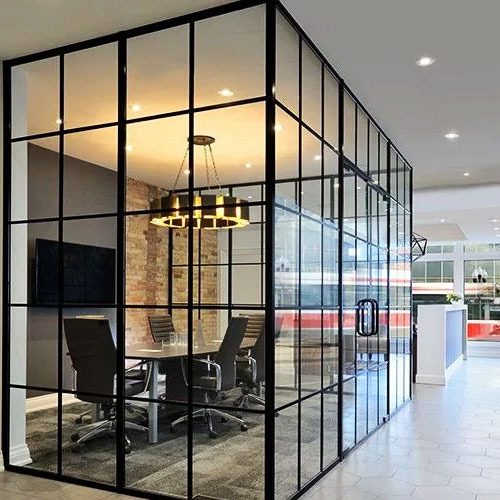 Modern glass partition with slim aluminium profile for home living room